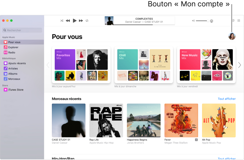 La fenêtre Musique affichant « Pour vous ». Le bouton « Mon compte » (qui ressemble à une photo ou à un monogramme) se trouve dans le coin supérieur droit de la fenêtre.