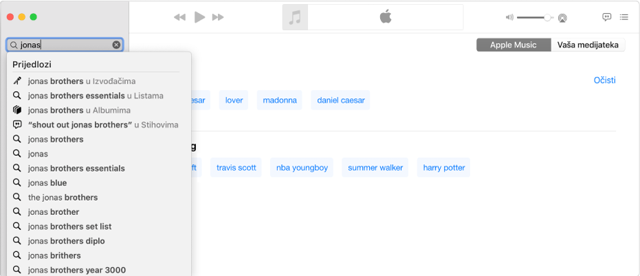 Zaslon aplikacije Glazba s prikazom usluge Apple Music odabrane u gornjem desnom kutu i ime “Jonas” je uneseno u polje za pretraživanje u gornjem desnom kutu. Preporučeni rezultati u Apple Musicu za “Jonas” prikazani su na popisu ispod polja za pretraživanje.