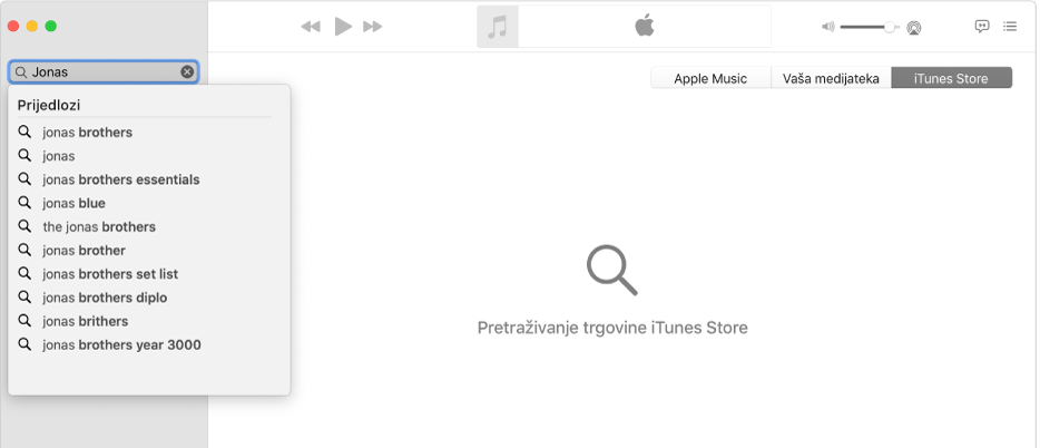 Prozor aplikacije Glazba s prikazom trgovine iTunes Store odabrane u gornjem desnom kutu i ime "Jonas" uneseno je u polje za pretraživanje u gornjem lijevom kutu. Preporučeni rezultati za iTunes Store za “Jonas” prikazani su na popisu ispod polja za pretraživanje.