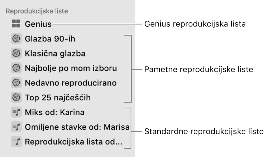 Rubni stupac aplikacije Glazba prikazuje razne vrste reprodukcijskih lista: Genius, Smart i standardne reprodukcijske liste.