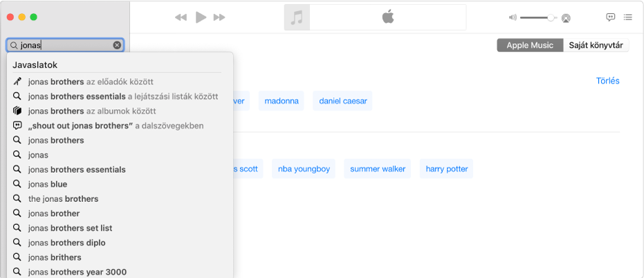 A Zene képernyőn a jobb felső sarokban kijelölt Apple Music lehetőség, míg a bal felső sarokban található keresőmezőben a „Jonas” felirat látható. A keresőmező alatti listában megjelennek a „Jonas” keresés javasolt Apple Music eredményei.