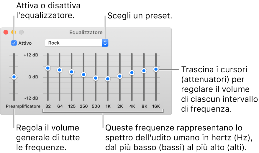 Finestra Equalizzatore: il riquadro per attivare l’equalizzatore di Musica si trova nell’angolo superiore sinistro. Accanto c'è il menu a comparsa con i preset dell'equalizzatore. All'estrema sinistra, regola il volume globale delle frequenze con il preamplificatore. Sotto i preset dell’equalizzatore, regola i livelli sonori di diversi intervalli di frequenze che rappresentano lo spettro dell’udito umano, da quelli più bassi a quelle più alti.