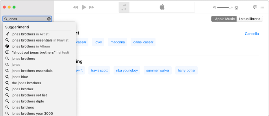 La schermata di Musica con Apple Music selezionato nell’angolo superiore destro e “Jonas” inserito nel campo di ricerca nell’angolo superiore sinistro. I risultati suggeriti da Apple Music per “Jonas” vengono visualizzati nell’elenco sotto il campo di ricerca.