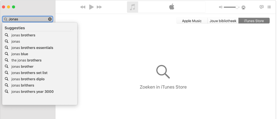 Het Muziek-venster met rechtsboven 'iTunes Store' geselecteerd en "Jonas" in het zoekveld linksboven getypt. Voorgestelde iTunes Store-resultaten voor "Jonas" worden in de lijst onder het zoekveld weergegeven.