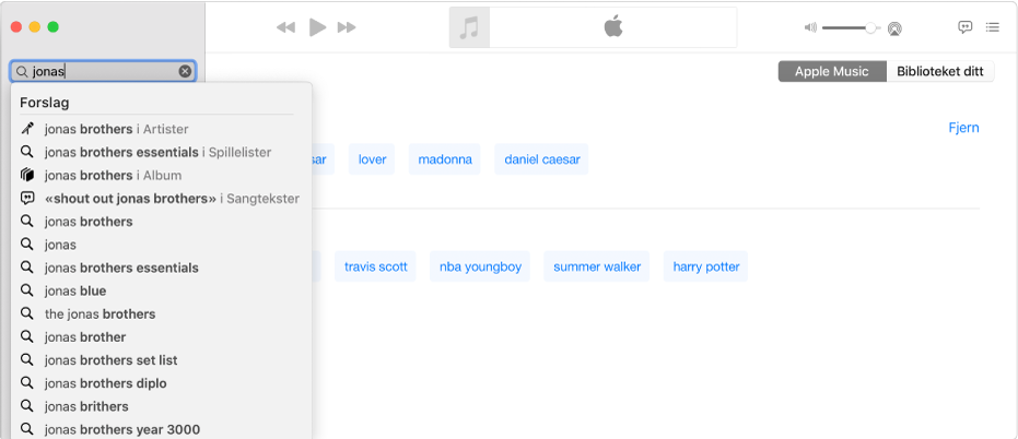 Musikk-skjermen som viser Apple Music markert øverst til høyre og «Jonas» skrevet i søkefeltet øverst til venstre. Foreslåtte Apple Music-resultater for «Jonas» vises i listen under søkefeltet.