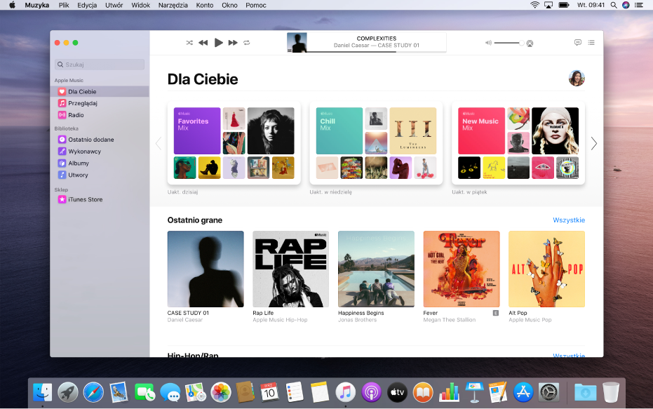 Okno Apple Music wyświetlające widok Dla Ciebie.