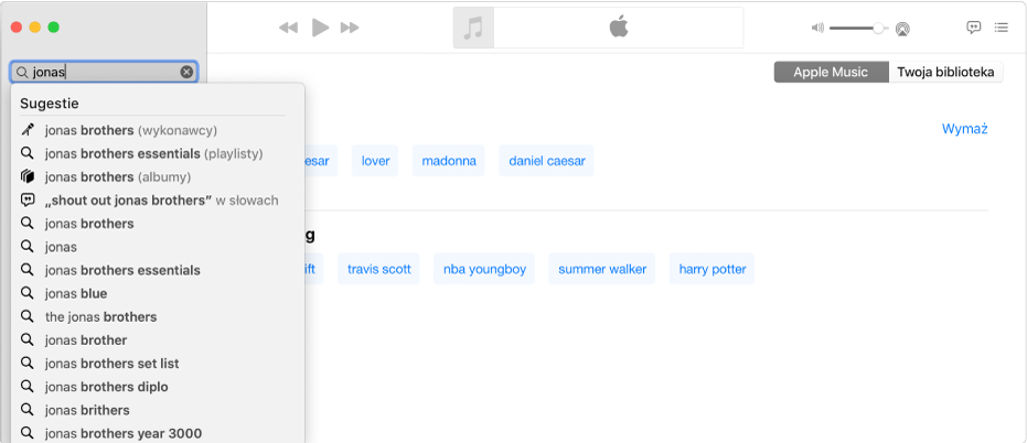 Ekran aplikacji Muzyka. W prawym górnym rogu wybrane jest Apple Music. W polu wyszukiwania w lewym górnym rogu wpisane jest „dżonas”. Poniżej pola wyszukiwania widoczna jest lista sugerowanych wyników wyszukiwania frazy „dżonas” w Apple Music.