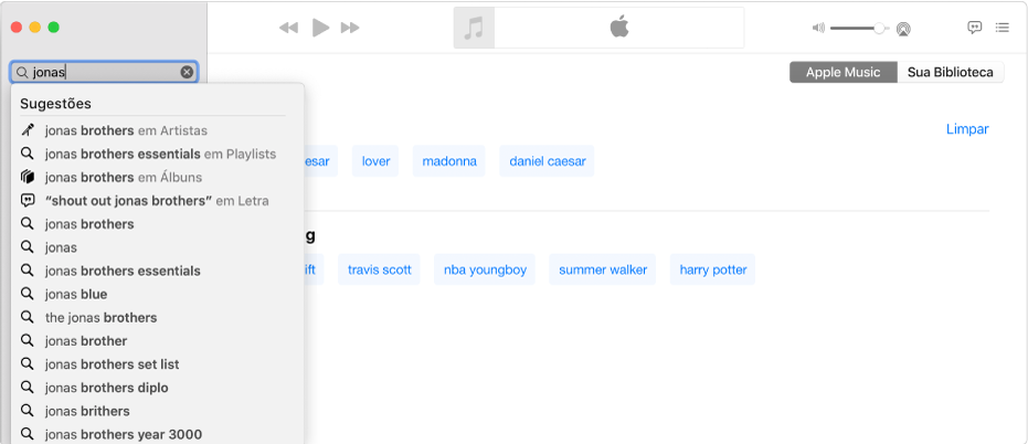 Tela do app Música mostrando o Apple Music selecionado no canto superior direito e “Jonas” digitado no campo de busca no canto superior esquerdo. Os resultados sugeridos pelo Apple Music para “Jonas” são mostrados na lista abaixo do campo de busca.