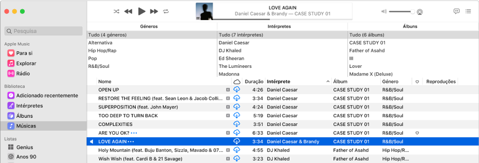 A janela principal da aplicação Música: o navegador em colunas está à direita da barra lateral, acima da lista de músicas.