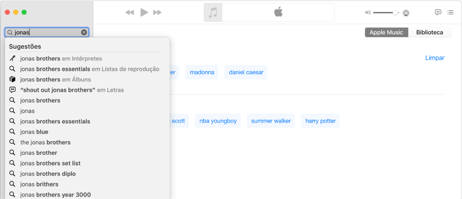 o ecrã Música a mostrar Apple Music selecionado no canto superior direito e “Jonas” introduzido no campo de pesquisa no canto superior esquerdo. Os resultados sugeridos de Apple Music para “Jonas” são apresentados na lista sob o campo de pesquisa.