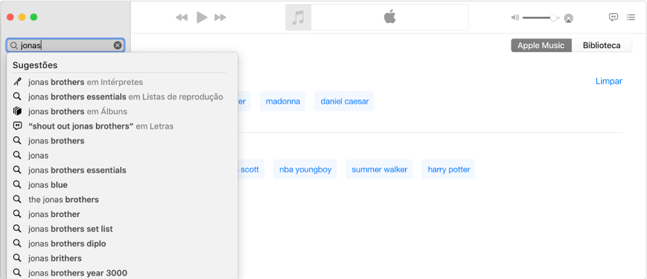 O ecrã Música a mostrar Apple Music selecionado no canto superior direito e “Jonas” introduzido no campo de pesquisa no canto superior esquerdo. Os resultados sugeridos de Apple Music para “Jonas” são apresentados na lista sob o campo de pesquisa.
