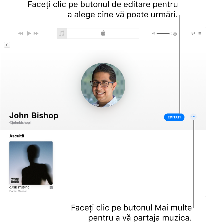 Pagina de profil din Apple Music: În partea dreaptă a ferestrei, faceți clic pe Editați pentru a alege cine vă poate urmări. În dreapta butonului Editați, faceți clic pe butonul Mai multe pentru partaja muzica dvs.