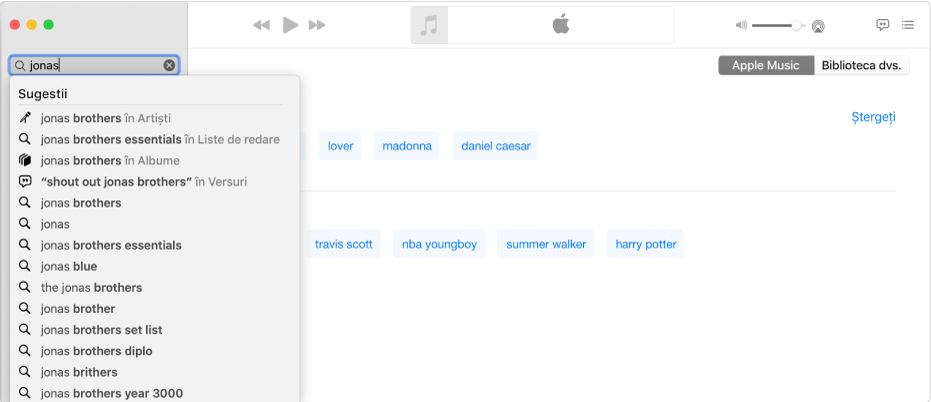 Ecranul aplicației Muzică afișând Apple Music selectat în colțul din dreapta sus și “Jonas” introdus în câmpul de căutare din colțul din stânga sus. Rezultatele Apple Music sugerate pentru “Jonas” sunt afișate în lista aflată sub câmpul de căutare.