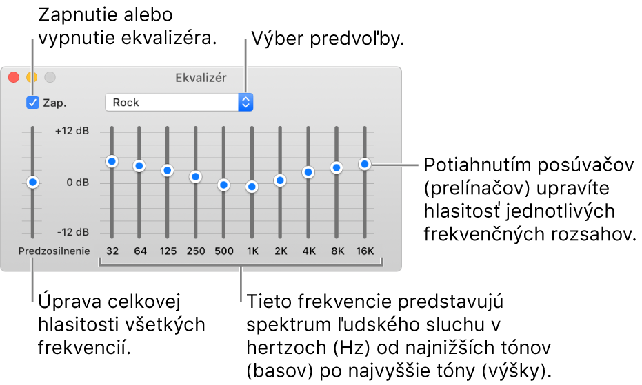 Okno ekvalizéra: Zaškrtávacie políčko na zapnutie ekvalizéra v apke Hudba sa nachádza v ľavom hornom rohu. Vedľa neho sa nachádza vyskakovacie menu s predvoľbami ekvalizéra. Úplne vľavo môžete upraviť celkovú hlasitosť frekvencií pomocou funkcie Predzosilnenie. Pod predvoľbami ekvalizéra môžete upraviť hlasitosť jednotlivých frekvenčných pásiem, ktoré predstavujú spektrum ľudského sluchu od najnižších po najvyššie frekvencie.