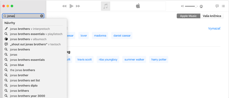 Obrazovka apky Hudba s vybratou položkou Apple Music v pravom hornom rohu a výrazom „Jonas“ zadaným vo vyhľadávacom poli v ľavom hornom rohu. Navrhované výsledky Apple Music pre výraz „Jonas“ sú zobrazené v zozname pod vyhľadávacím poľom.