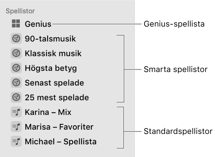Musik-sidofältet med de olika typerna av spellistor: vanliga spellistor, smarta spellistor och Genius-spellistor.