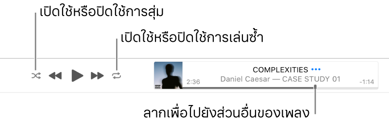 ป้ายประกาศที่มีเพลงกำลังเล่นอยู่ ปุ่มสุ่มอยู่ตรงมุมซ้ายบนสุดและปุ่มซ้ำอยู่ตรงมุมขวาบนสุด ลากแถบเลื่อนเพื่อไปยังส่วนอื่นของเพลง