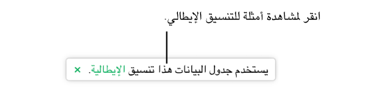 الرسالة التي تفيد "يستخدم جدول البيانات هذا التنسيق الإيطالي."