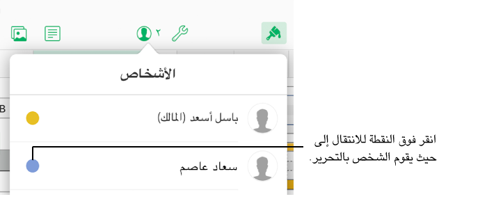 وجود نقطة في قائمة المشاركين بجانب اسم الشخص الذي يعمل في جدول البيانات.