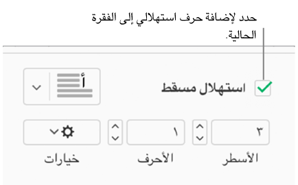 يتم تحديد خانة الاختيار "حرف استهلالي كبير"، وتظهر قائمة منبثقة إلى يسارها؛ تظهر عناصر التحكم الخاصة بتعيين ارتفاع الخط وعدد الأحرف والخيارات الأخرى أسفله.