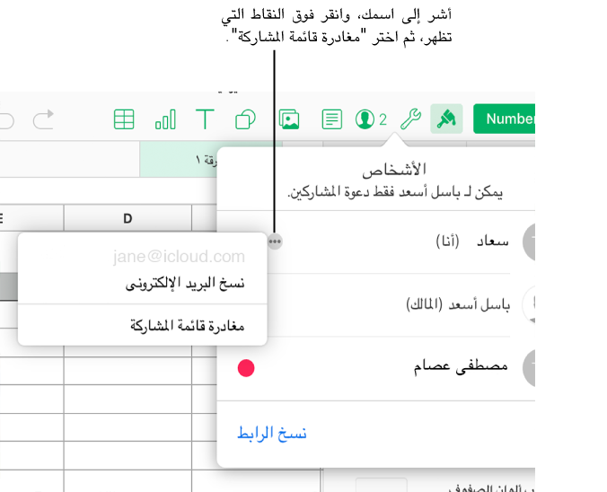 الخيار "مغادرة قائمة المشاركة" الموجود في قائمة المشاركين.