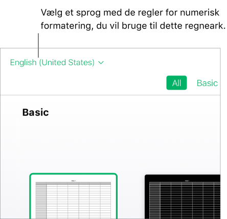 Lokalmenuen øverst til venstre for skabelonvælgeren, hvor Engelsk (USA) er valgt.