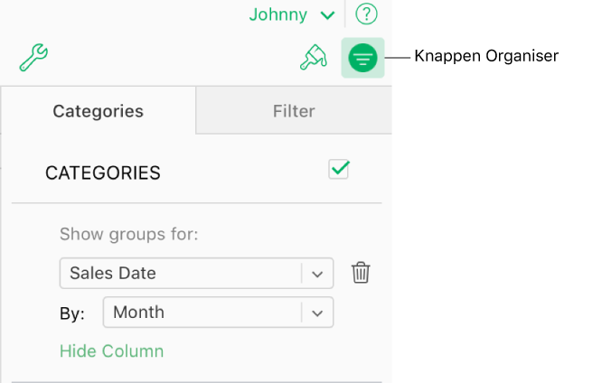 Knappen Organiser er valgt på værktøjslinjen, og de regler, der beskriver en kategori, vises på fanen Kategorier i indholdsoversigten for organisering. Data organiseres aktuelt efter salgsdata og grupperes derefter efter måned.