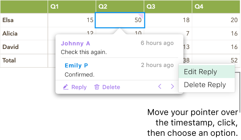 A comment with a reply, and the pointer over the timestamp for the reply; a pop-up menu shows two options: Edit Reply and Delete Reply.