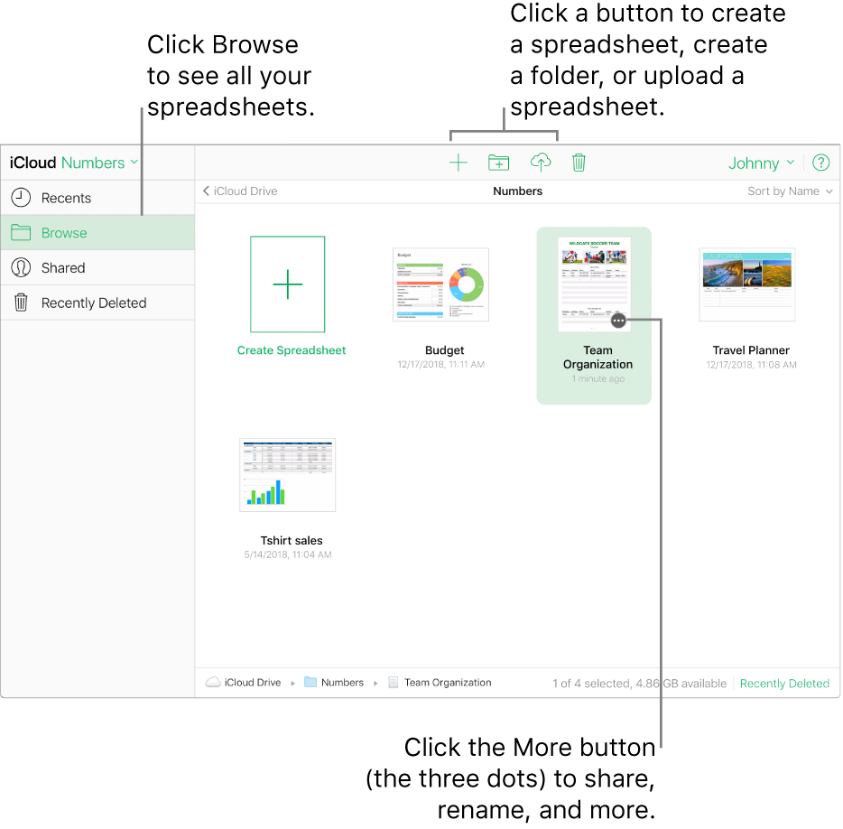 The spreadsheet manager in browse view. Callouts point to the More button on a spreadsheet, and the create new spreadsheet, new folder, and upload buttons in the toolbar.