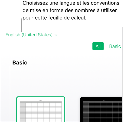 Menu contextuel en haut à gauche de l’outil de sélection du modèle dans lequel l’option Anglais (États-Unis) est sélectionnée.