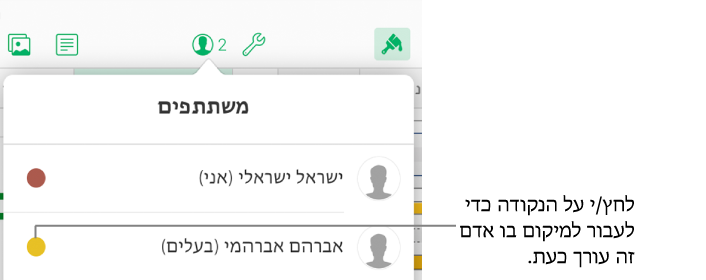 רשימת המשתמשים עם נקודה לצד השם של מישהו שעורך את הגיליון.