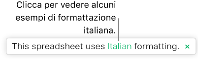 Un messaggio che indica che nel foglio di calcolo è in uso la formattazione della lingua italiana.