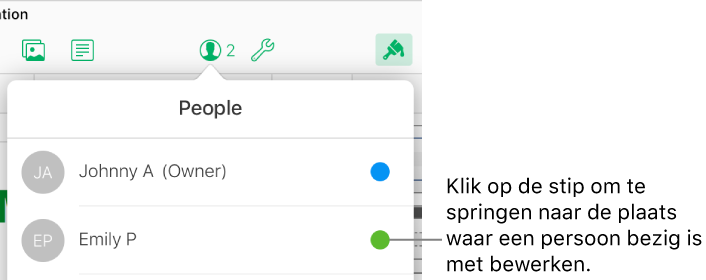 De deelnemerlijst met een stip naast de naam van iemand die aan de spreadsheet werkt.