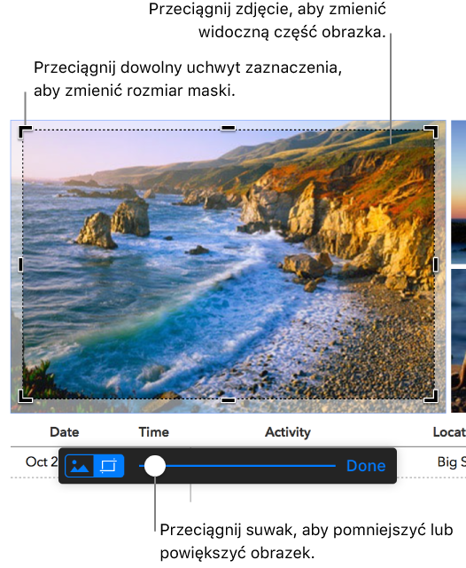 Wybrane zdjęcie z elementami sterującymi maskowaniem widocznymi u dołu. Dymki wskazują narożny uchwyt zaznaczania, granice obrazu i suwak na elemencie sterującym maskowania.