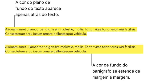 Um parágrafo com uma cor amarela atrás apenas do texto e um segundo parágrafo com um bloco de cor amarela atrás do parágrafo que se estende de margem a margem.