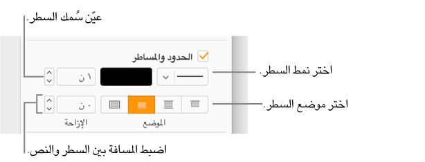 يتم تحديد خانة الاختيار "الحدود والمساطر" في الشريط الجانبي "تنسيق"، وتظهر عناصر التحكم لتغيير نمط السطر وسمكه وموضعه ولونه أسفل خانة الاختيار.