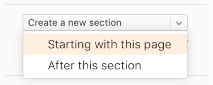 Il menu a comparsa “Crea una nuova sezione” è aperto e “A partire da questa pagina” è selezionato.