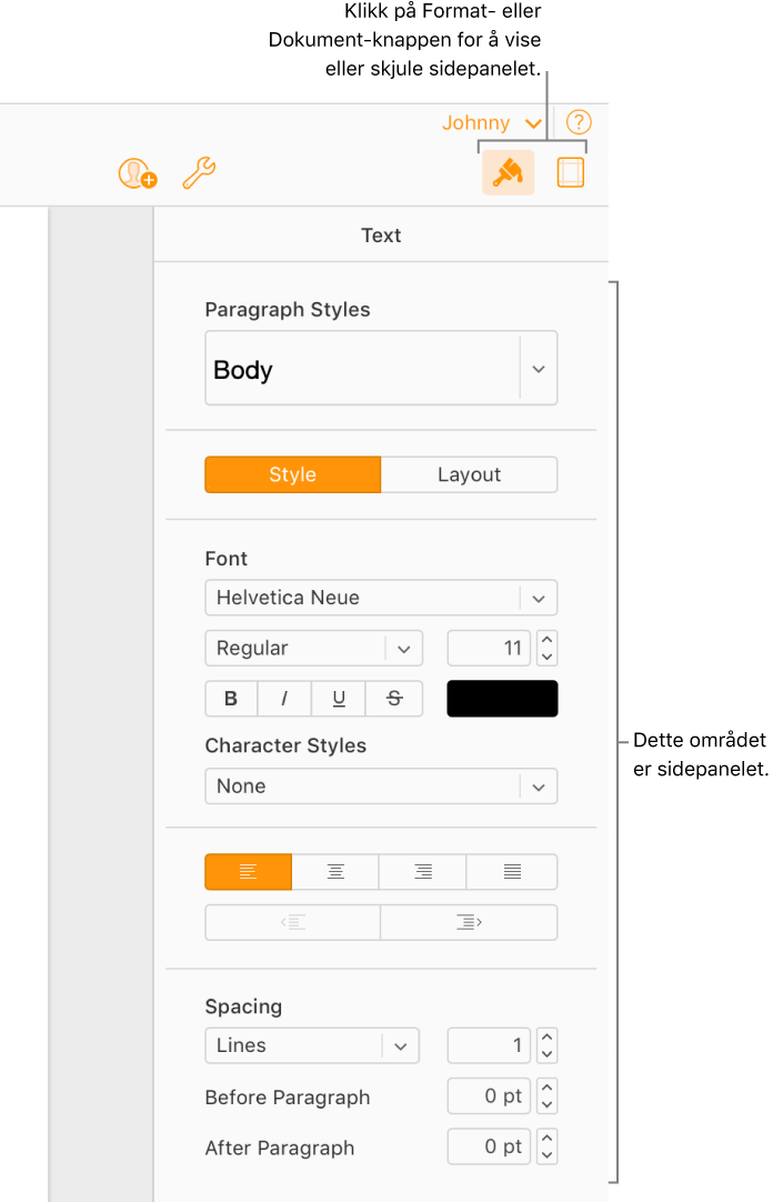 Format-knappen er valgt på verktøylinjen, og font, justering og andre kontroller for tekstformatering vises i sidepanelet til høyre for dokumentet.