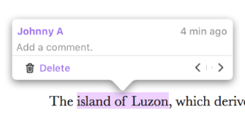 En del text är markerad i ett dokument: ett popoverfönster visar namnet på personen som lade till markeringen och tiden då den lades till.