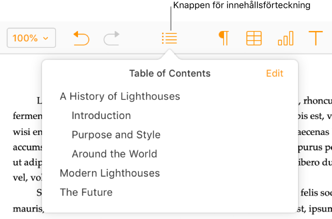 Knappen Innehållsförteckning i verktygsfältet; innehållsförteckningen är öppen och har två poster, titeln på dokumentet och introduktionsrubriken.