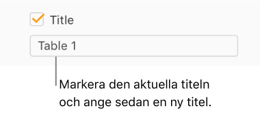 Kryssrutan Titel i sidofältet Format är vald. Ett textfält nedanför kryssrutan visar tabellens platshållartitel, ”Tabell 1.”