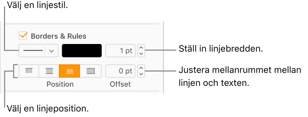Kryssrutan Ramar och linjer är markerad i sidofältet Format, och kontroller för att ändra linjernas stil, tjocklek, position samt linjens färg visas under kryssrutan.