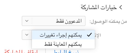 القائمة المنبثقة "إذن" أسفل "خيارات المشاركة".