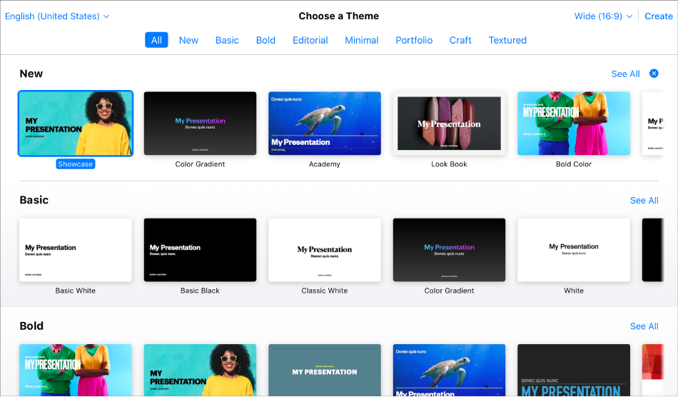 The theme chooser showing several template thumbnails. The Showcase theme is selected.