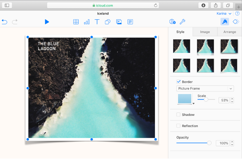 L’immagine selezionata sulla diapositiva è contornata da una cornice mentre la scheda Stile della barra laterale Formato è aperta con Cornice immagine selezionato dal menu bordi.