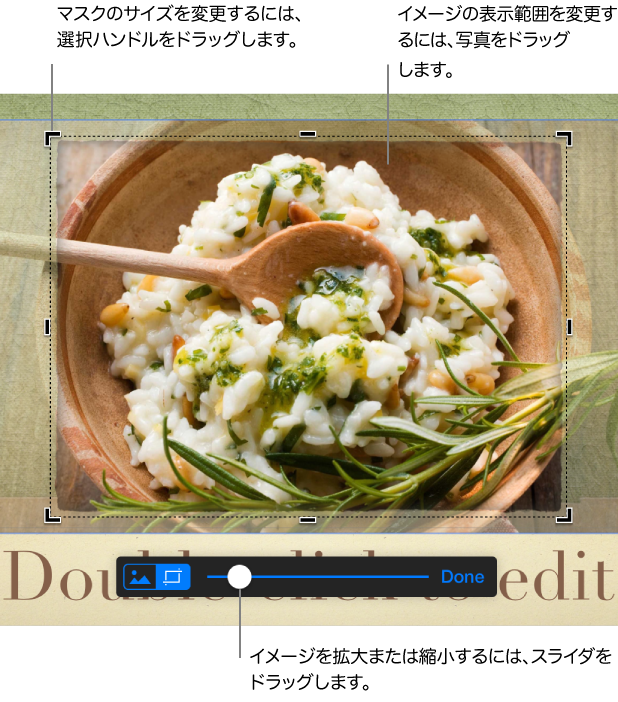 下部にマスクコントロールが表示されている、選択済みのイメージ。コールアウトは、角の選択ハンドル、イメージの境界、およびマスクコントロールのスライダを示します。