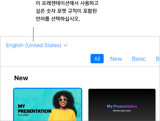 영어(미국)가 선택된 테마 선택 화면의 왼쪽 상단 모서리에 있는 팝업 메뉴.