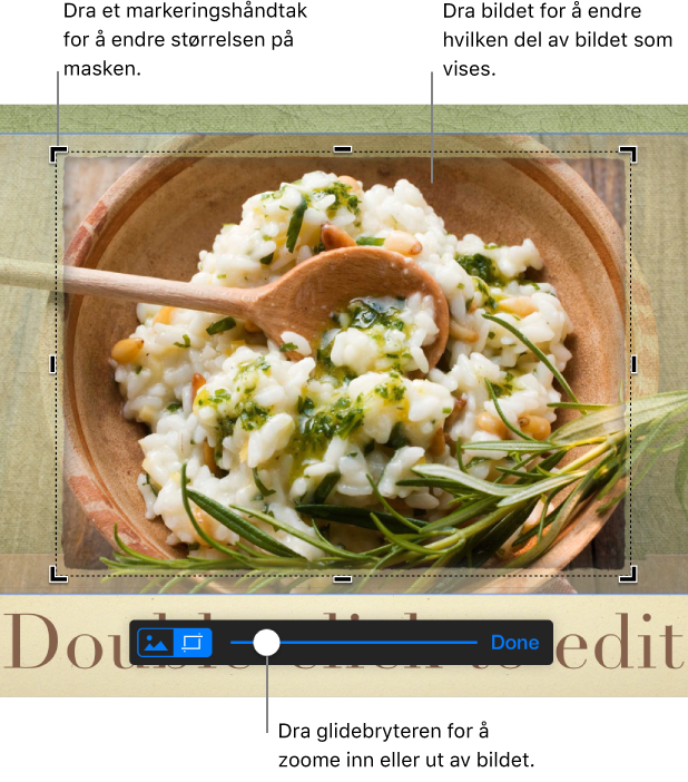 Et markert bilde med maskeringskontroller synlige nederst. Bildeforklaringer angir markeringshåndtak i hjørnet, bildets ytterkant og skyveknappen på maskeringskontrollen.