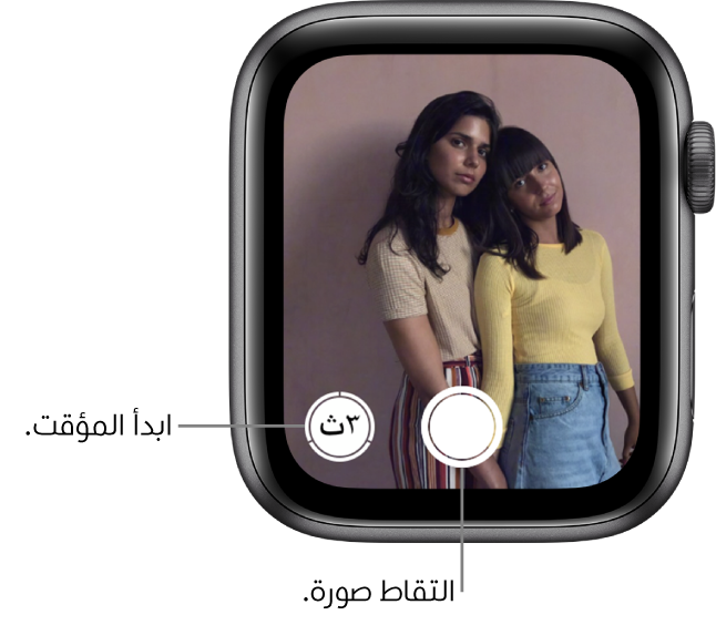 أثناء استخدامها كريموت للكاميرا، فإن شاشة Apple Watch تعرض ما هو ظاهر في كاميرا الـ iPhone. يوجد زر أخذ صورة في أسفل المنتصف مع وجود زر التقاط صورة بعد تأخير على يمينه. إذا كنت قد قمت بالتقاط صورة، فسيكون زر عارض الصور في أسفل اليسار.