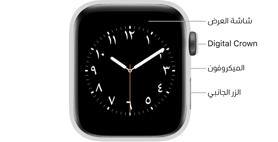 واجهة Apple Watch Series 5 مع وسائل شرح تشير إلى شاشة العرض و Digital Crown والميكروفون والزر الجانبي.